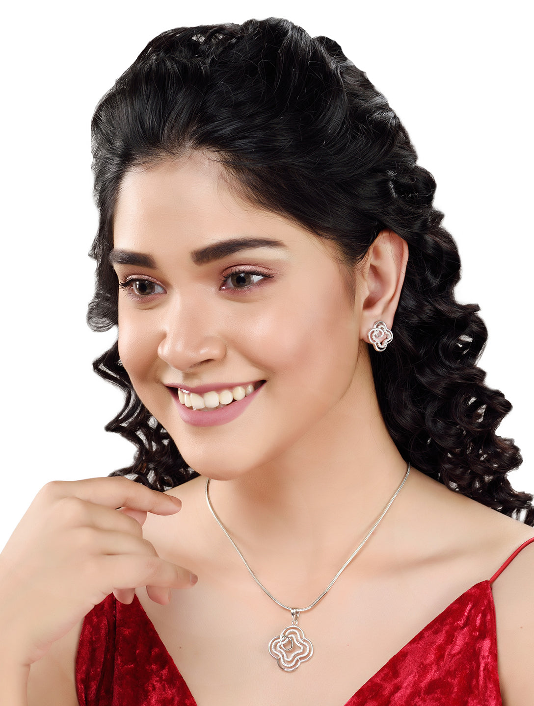 White Rhodium AD studded Floral design Pendant Earrings set chain, zaveri pearls, sale price rs, sale price, sale gold plated, sale gold, sale, rubans, ring, regular price, priyassi jewellery